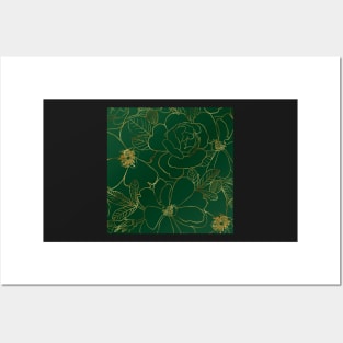 Elegant Gold Roses Floral Drawing Green Design Posters and Art